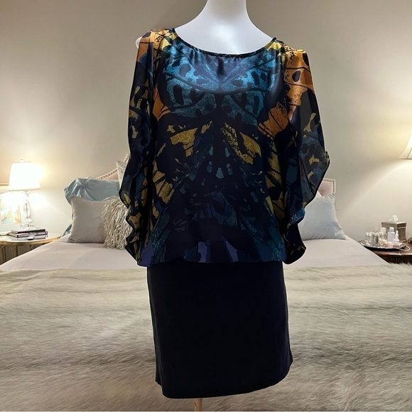 Express Dresses & Skirts - EXPRESS Navy Blue Butterfly XS Flutter Sleeves Blouse Knit Skirt Dress 2011